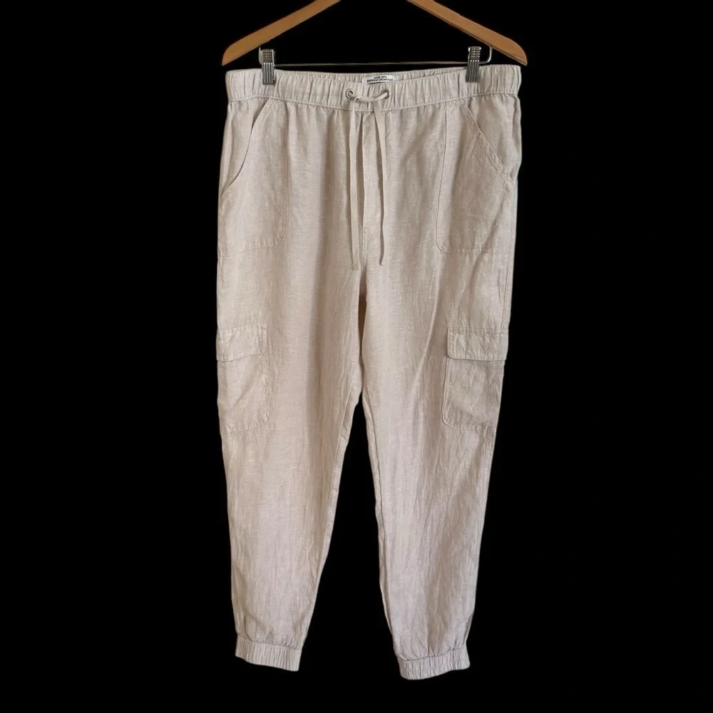 Nicole Miller NY size XL Oatmeal 100% Linen Cargo Jogger Pants Pull On Flax‎